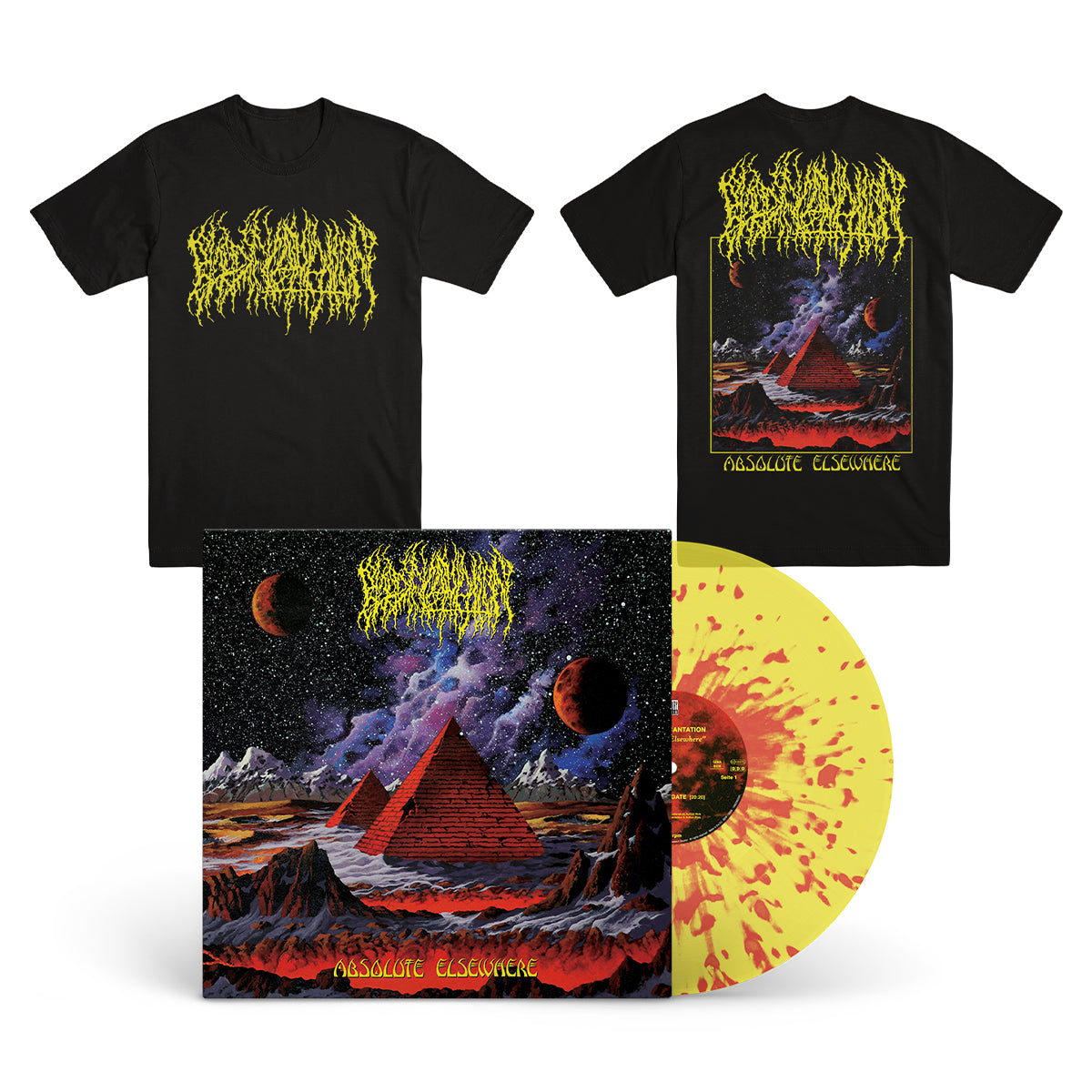 BLOOD INCANTATION "Absolute Elsewhere" LP + T-Shirt Bundle TRANS. SUN YELLOW RED SPLATTER (EG EXCLUSIVE)