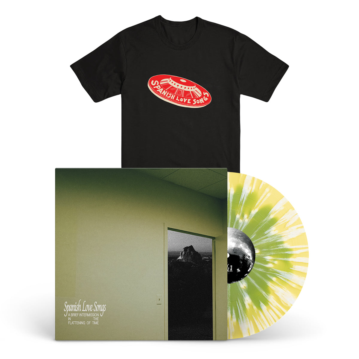 SPANISH LOVE SONGS "A Brief Intermission in the Flattening of Time" LP + T-Shirt Bundle GREEN IN YELLOW W WHITE SPLATTER (EG EXCLUSIVE)