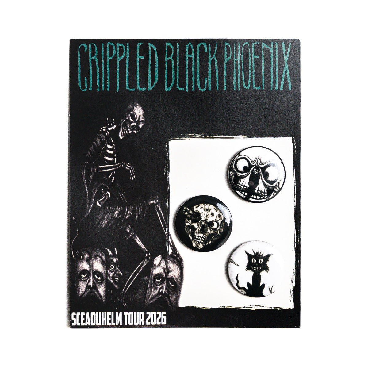 CRIPPLED BLACK PHOENIX "Sceaduhelm" Button Badge Set - Evil Greed