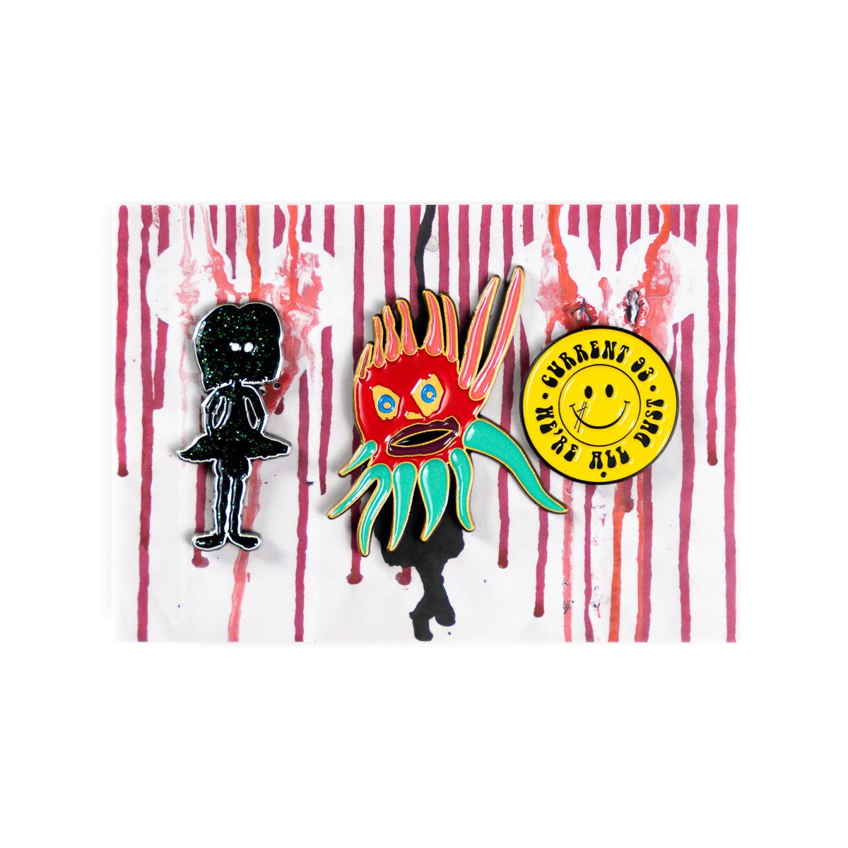 CURRENT 93 "Hallucinate Spins: Channel 1" Enamel Pin Set + Free Button Bundle - Evil Greed