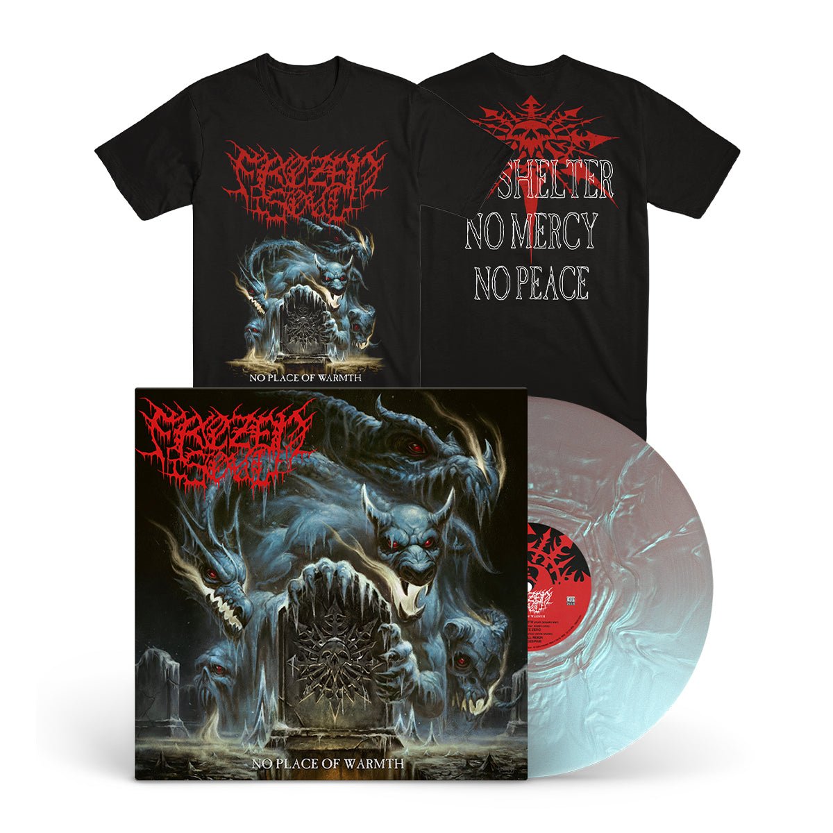 FROZEN SOUL "No Place Of Warmth" LP + T-Shirt Bundle PEARLESCENT LAGOON (EVIL GREED EXCLUSIVE)